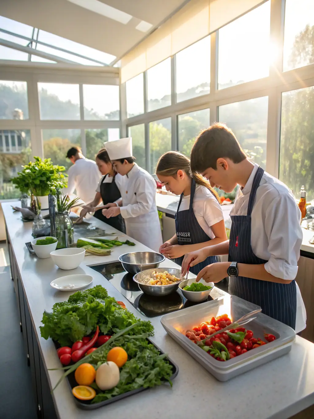 A photo capturing the chef of Londra Lezzet Okulu demonstrating a specific cooking technique to a small group of students during a private lesson, emphasizing personalized instruction.