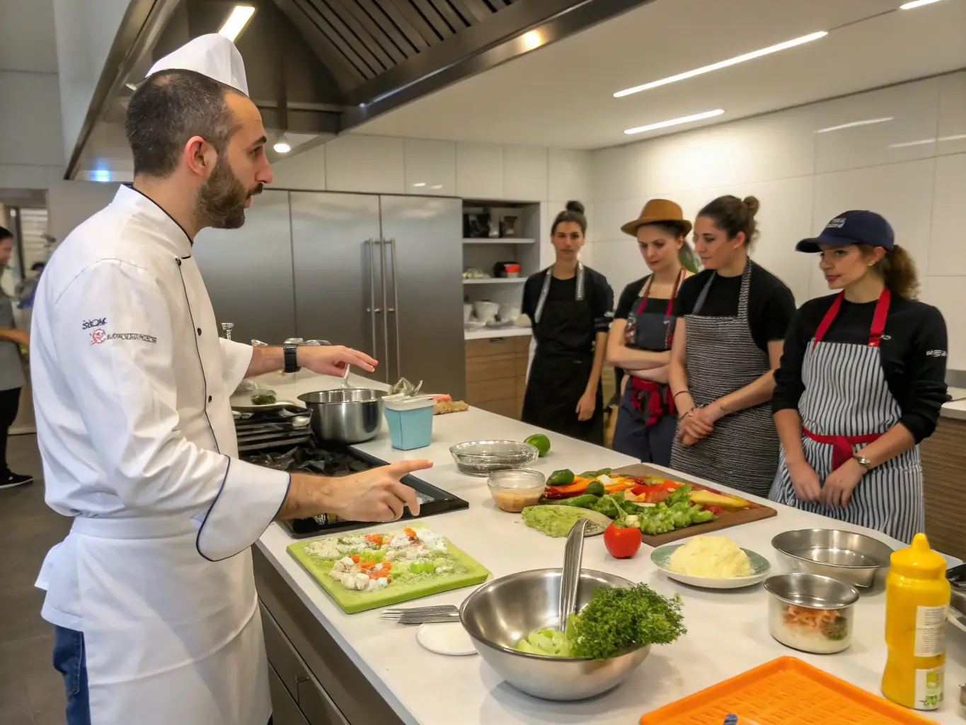 A chef guiding a student through a cooking technique in a modern kitchen setting.