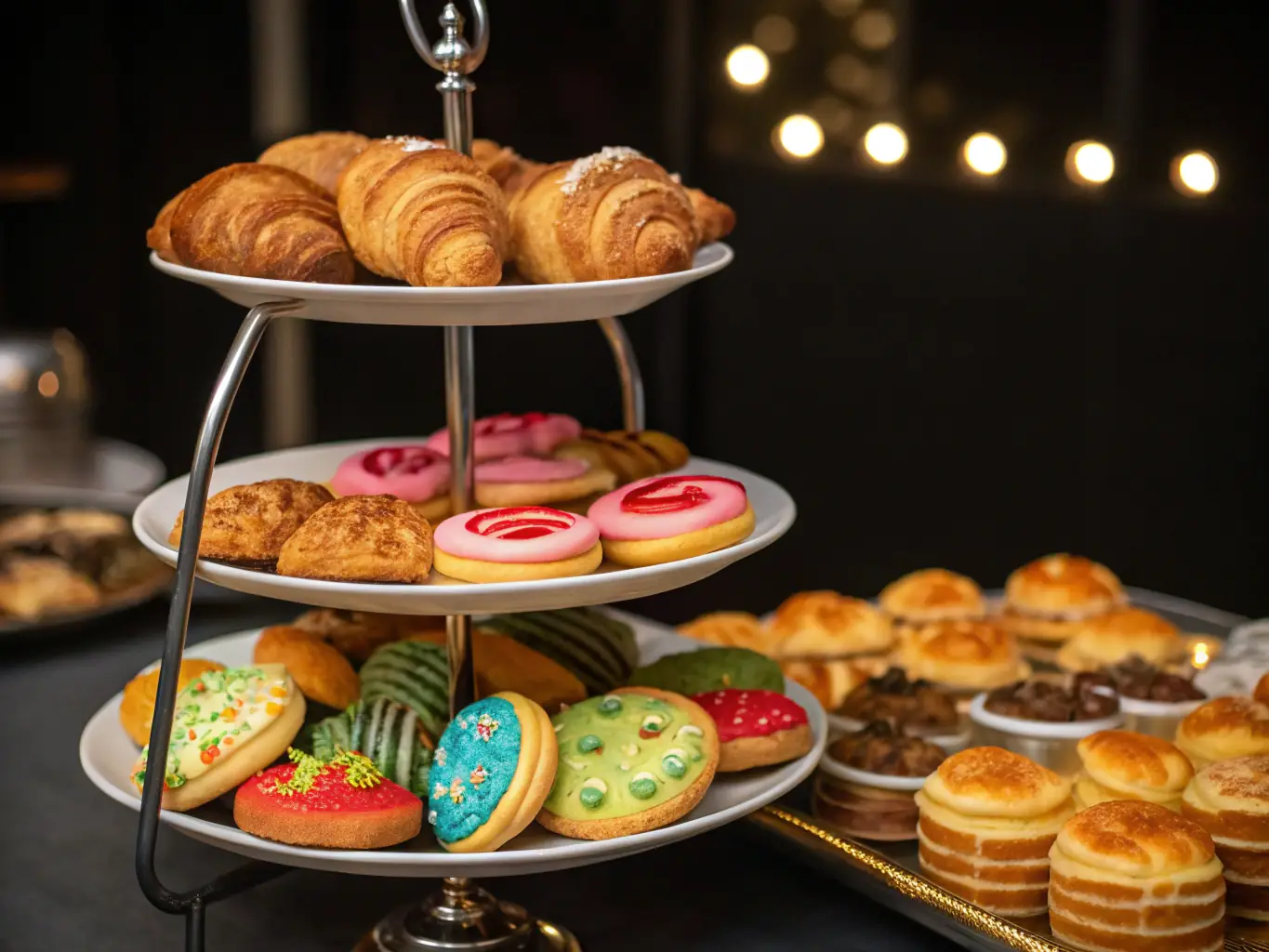 A selection of beautifully decorated cakes, cookies, and pastries displayed on a tiered stand.