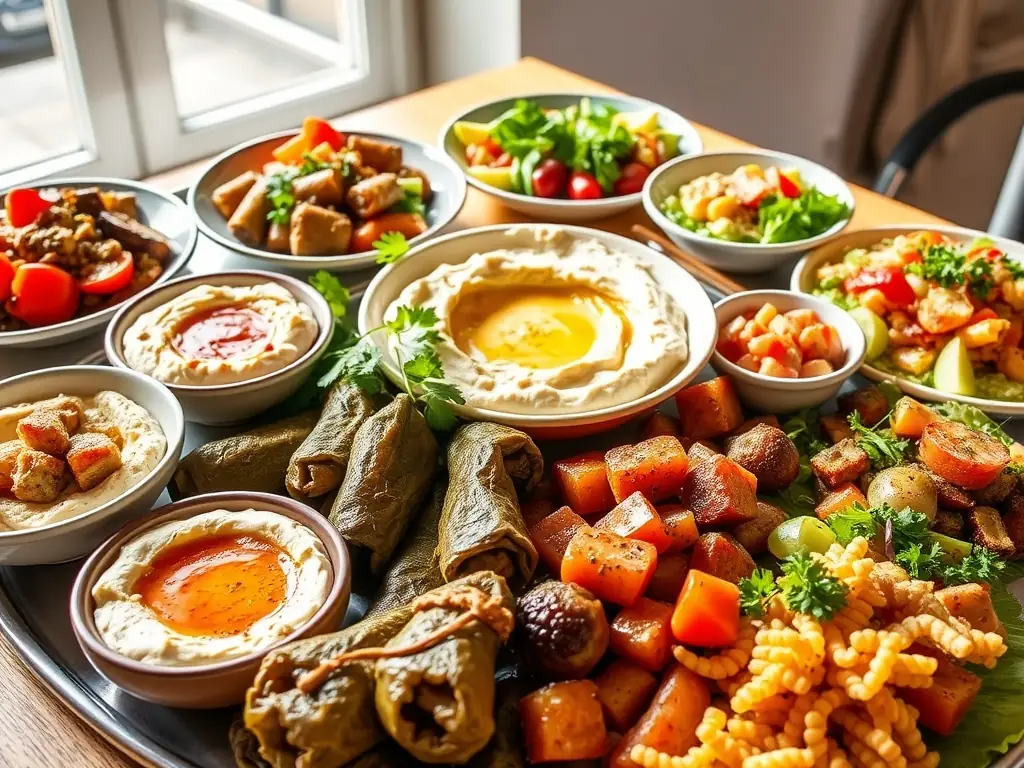 A vibrant table setting featuring various Turkish dishes such as kebabs, mezes, and baklava, showcasing the rich culinary heritage of Turkey.