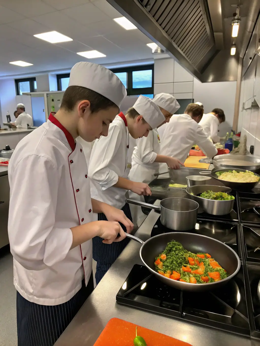 A vibrant image of students actively participating in a Turkish cuisine workshop, chopping vegetables and preparing ingredients under the guidance of the chef at Londra Lezzet Okulu.