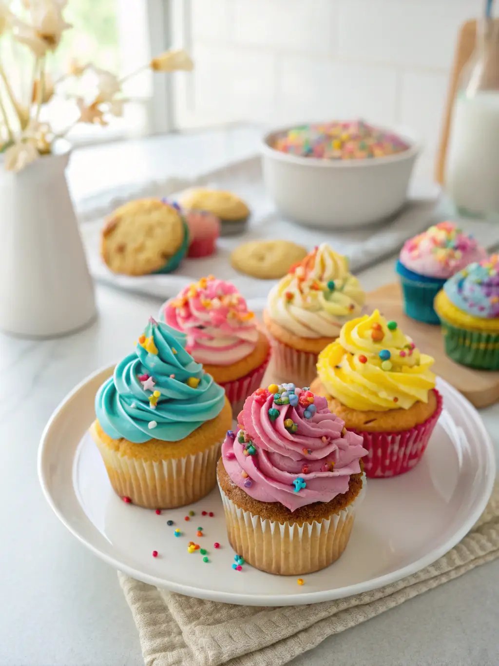 A close-up shot of beautifully decorated cupcakes and pastries created during a baking workshop at Londra Lezzet Okulu, showcasing the delicate artistry involved.
